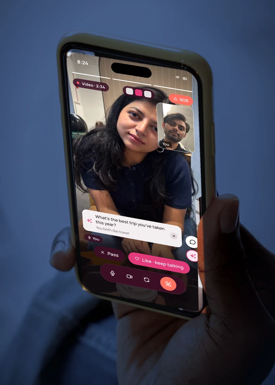 Someone on a HelloBae video date, holding their phone